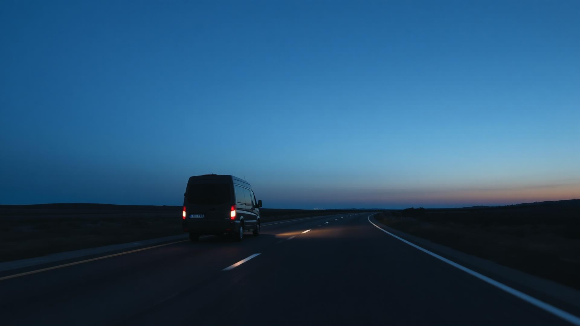 Veículo em estrada aberta ao anoitecer